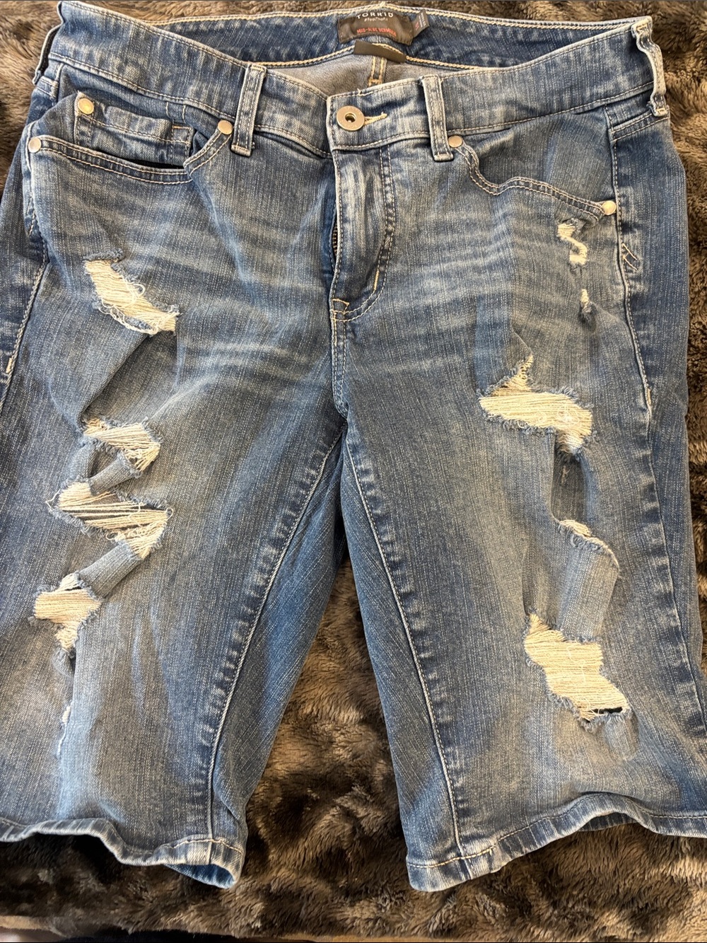 torrid Light Blue Mid-Rise Denim Bermuda w/ factory destruct